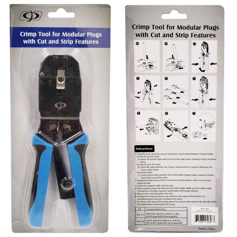 Professional Ratcheting Crimp Tool for Modular Plugs - RJ50, RJ12, RJ11, RJ9 & DEC Plugs - Strip and Cut