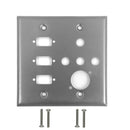 Double Gang - 3x ICDB Cutout  - 4x 3/8 inch Hole - 1x D-Cut - Stainless Steel Wall Plate
