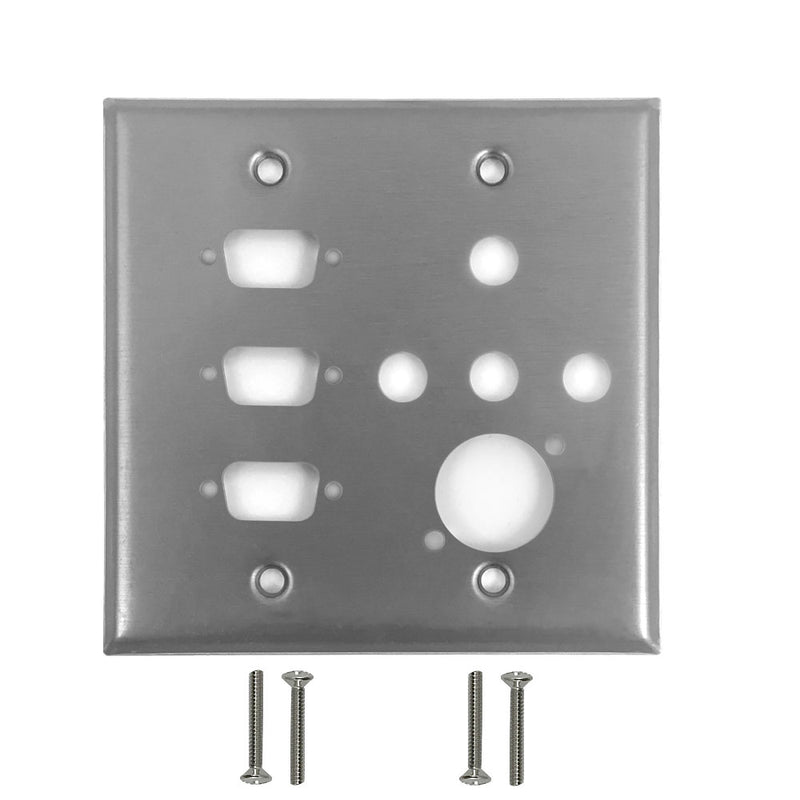 Double Gang - 3x DB9 Cutout  - 4x 3/8 inch Hole - 1x XLR - Stainless Steel Wall Plate