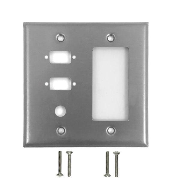 Double Gang - 2x ICDB Cutout  - 1x 3/8 inch Hole - 1x Decora - Stainless Steel Wall Plate