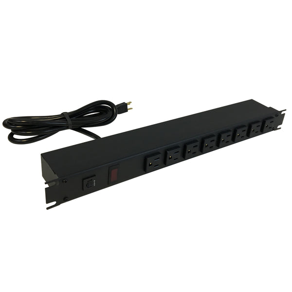Hammond 19 Inch 8 Outlet Horizontal Rack Mount Power Strip - 6ft Cord, 5-15P Plug, 5-15R Front Receptacles