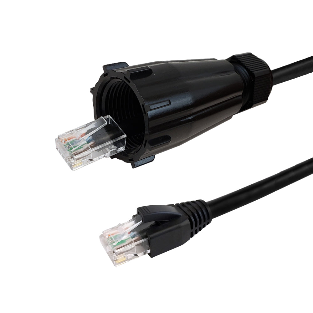 RJ45 Male with IP68 Shroud to RJ45 CAT6 UTP Outdoor UV / Direct Burial Patch Cable - Black