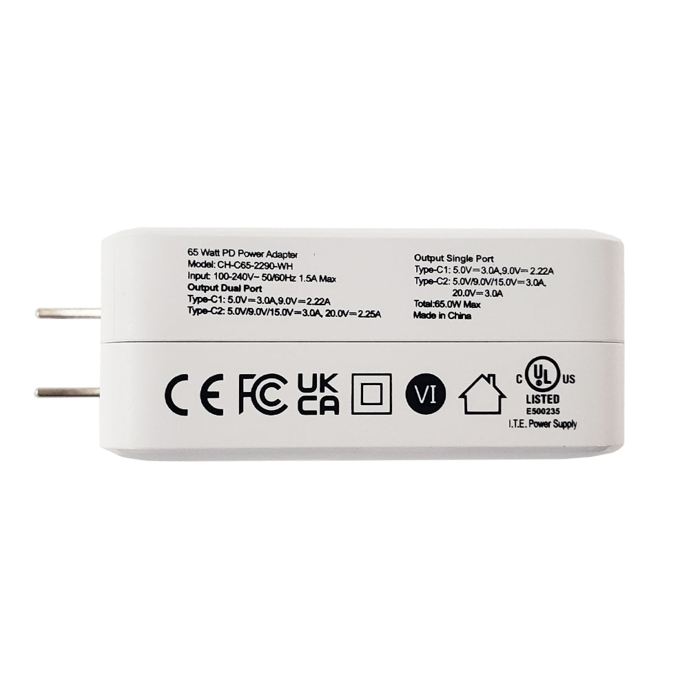 USB Travel Charger - 65W - USB Type-C (20W) - USB Type-C (60W) - GaN - White