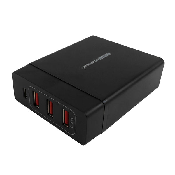 72W Wall Charger with Type-C PD Power Delivery & 3 USB Type-A Smart IC Ports Overload Protection - Black