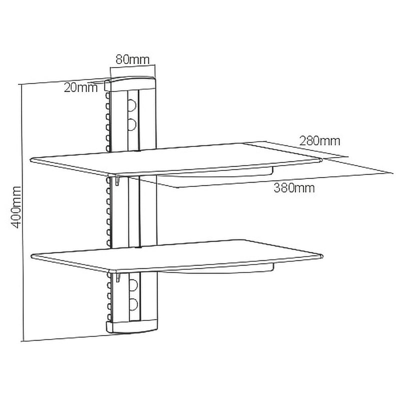 Media Player A/V Component Wall Mount Dual Shelf, Glass - Black
