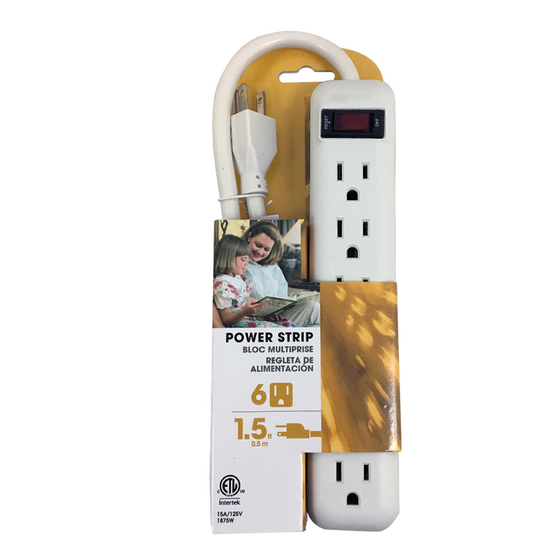 6 Outlet Power Strip 1.5ft Cord, Straight Plug - White