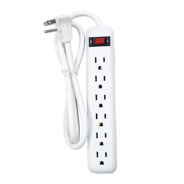 6 Outlet Power Strip 3ft Cord, Down Angle Plug - White