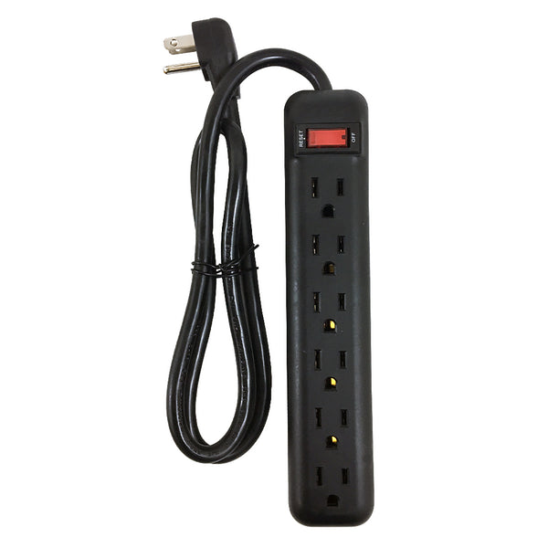 6 Outlet Power Strip 3ft Cord, Down Angle Plug - Black