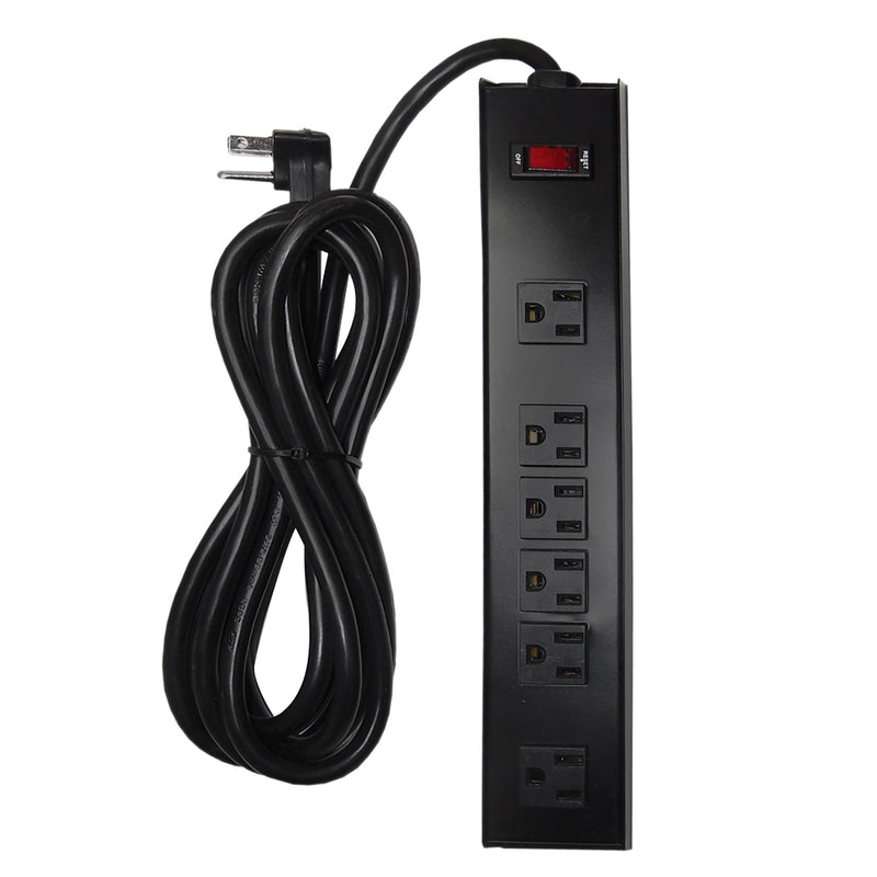 6 Outlet Power Strip 10ft Cord, Down Angle Plug, Metal Housing - Black