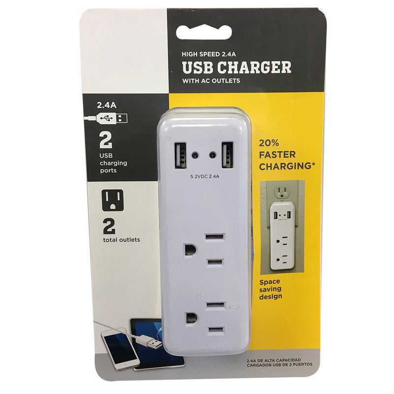 Outlet Power Tap w/ 2 USB Charging Ports - White