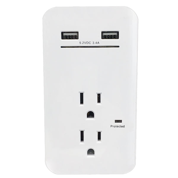 Outlet Power Tap 450J Surge protection, 2 Fast Charge USB Port - White