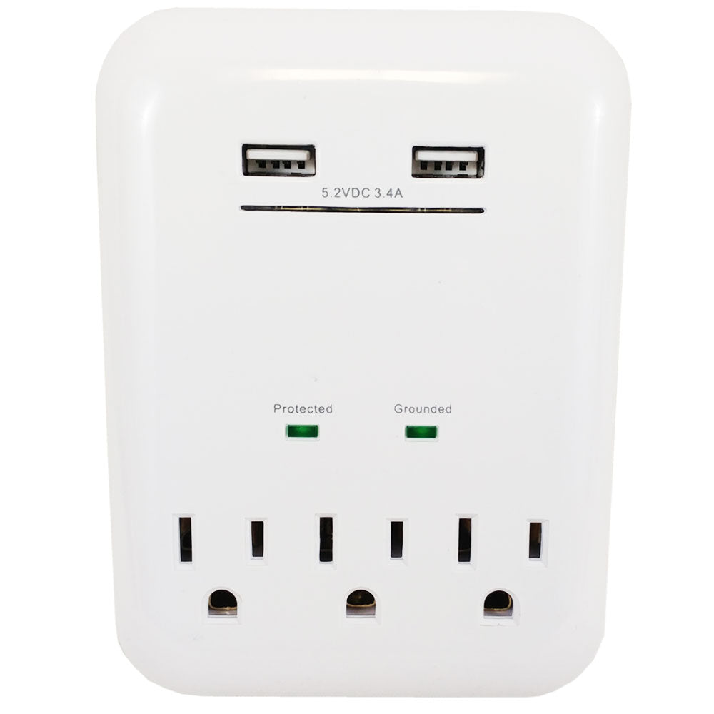 3 Outlet Power Tap - 950J Surge Protection, 2 Fast Charge USB Ports