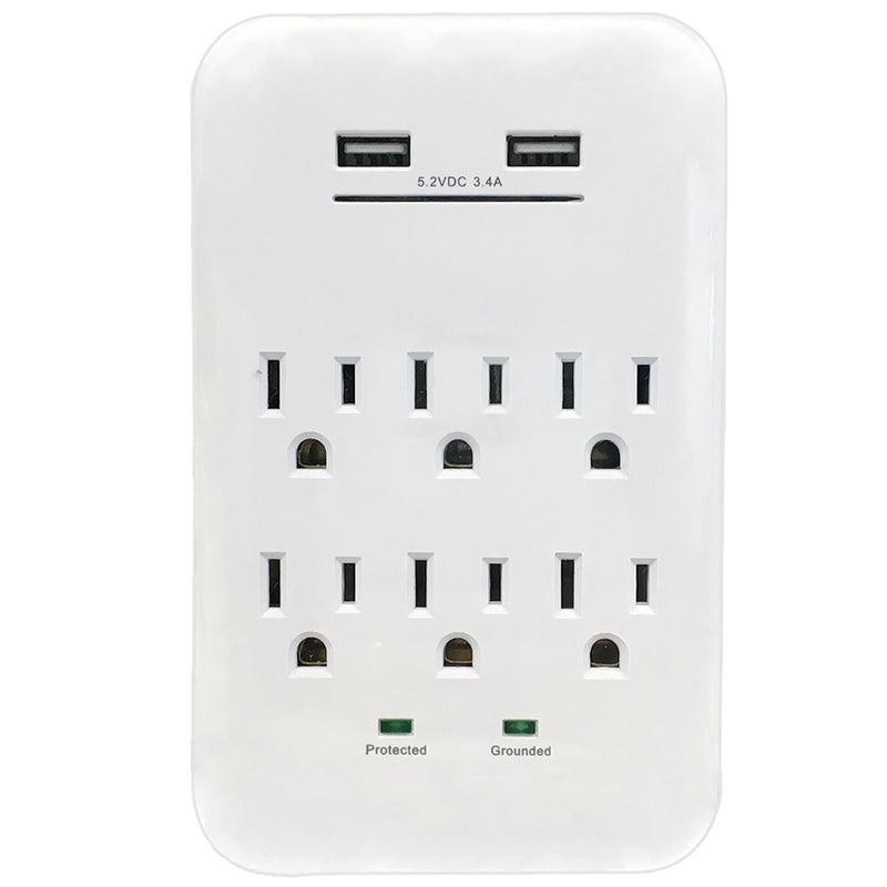 6 Outlet Power Tap 1200J Surge protection, 2 Fast Charge USB Port - White