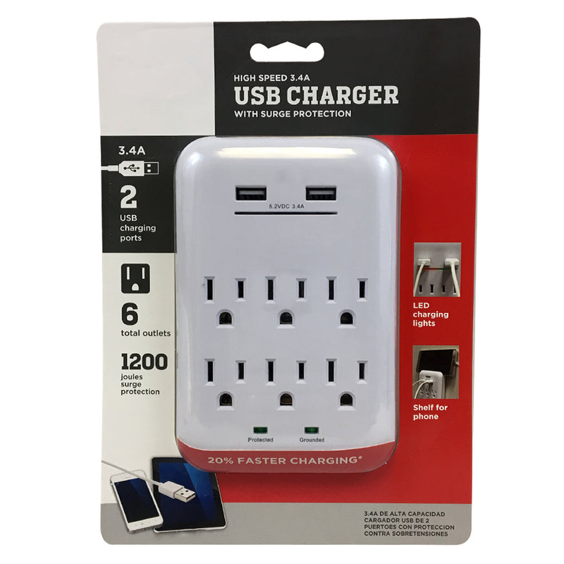 6 Outlet Power Tap 1200J Surge protection, 2 Fast Charge USB Port - White