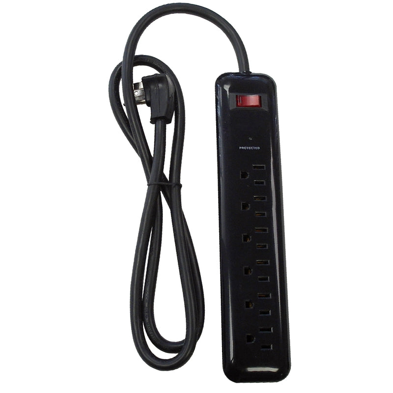 6 outlet Surge Protector 1000J, 4ft Cord, Down Angle Plug - Black