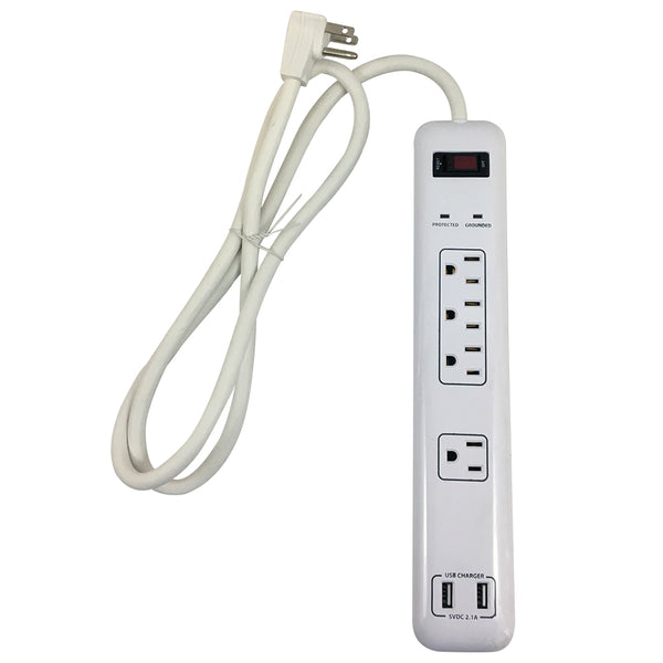 4 Outlet Surge Protector 1200J, 4ft Cord, Down Angle Plug, 2 USB Charging Ports - White