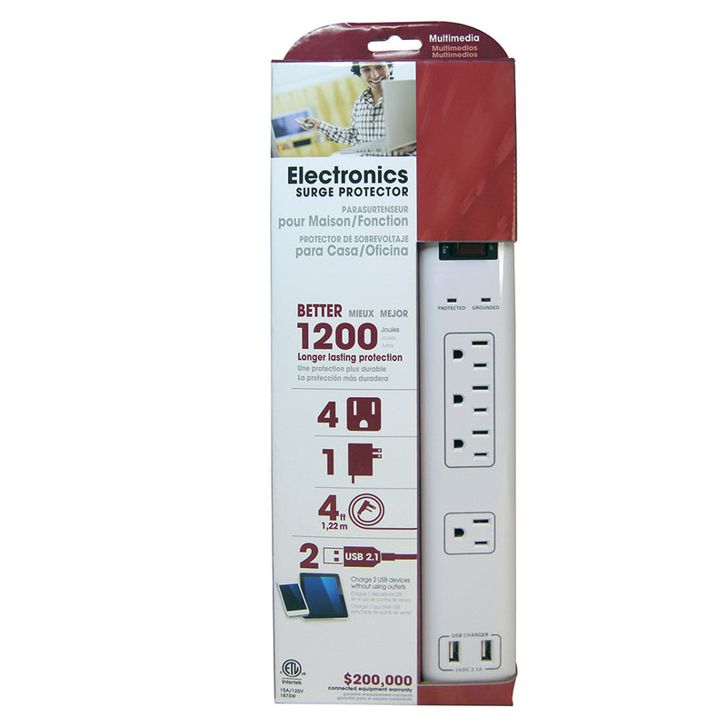 4 Outlet Surge Protector 1200J, 4ft Cord, Down Angle Plug, 2 USB Charging Ports - White