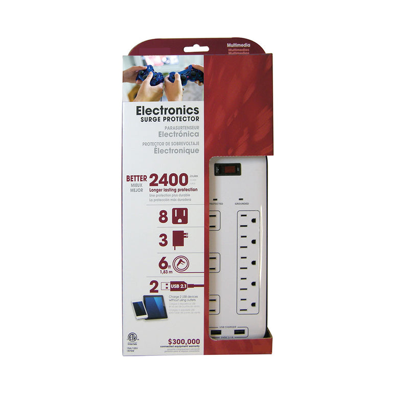 8 Outlet Surge Protector 2400J, 6ft Cord, Down Angle Plug, 2 USB Charging Ports - White