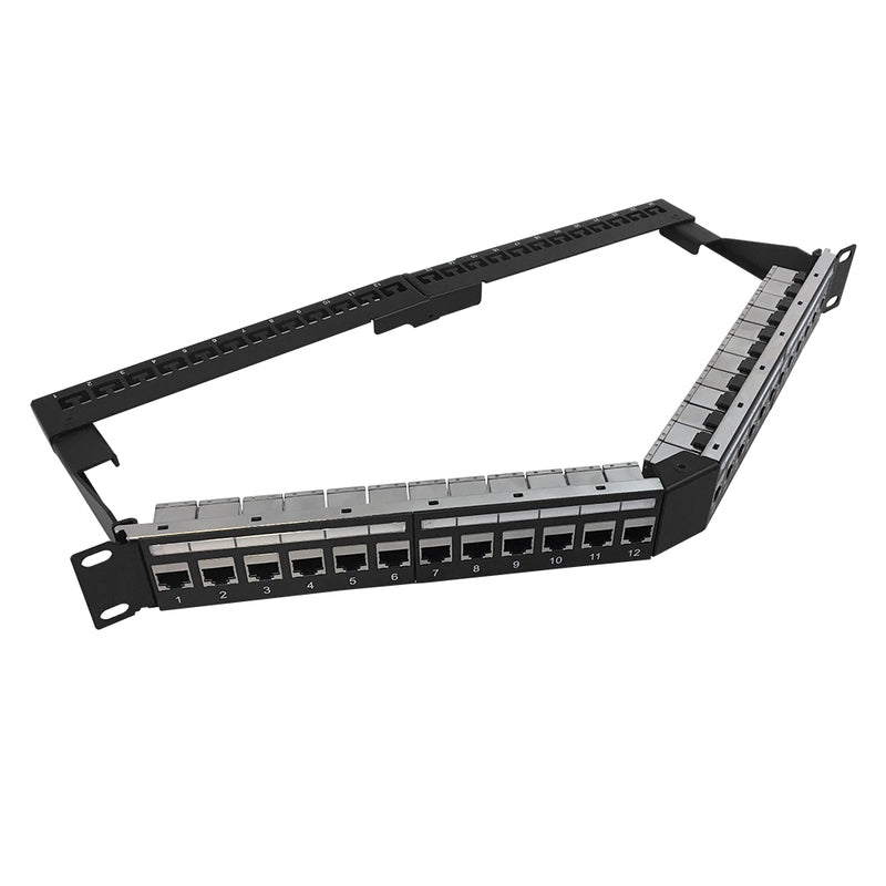 24-Port Angled CAT6 Shielded Patch Panel, 19" Rackmount 1U - Pass-Through