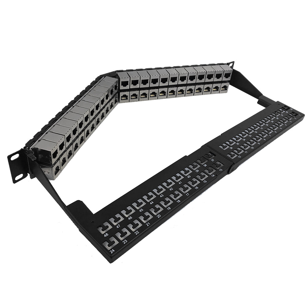 48-Port Angled CAT6 Shielded Patch Panel, 19" Rackmount 2U - Pass-Thro