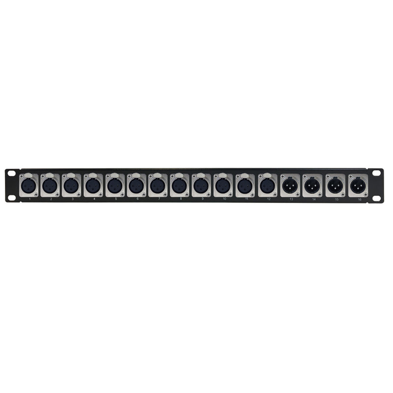 12-Port Female + 4-port XLR Male patch panel, 19 inch rackmount 1U