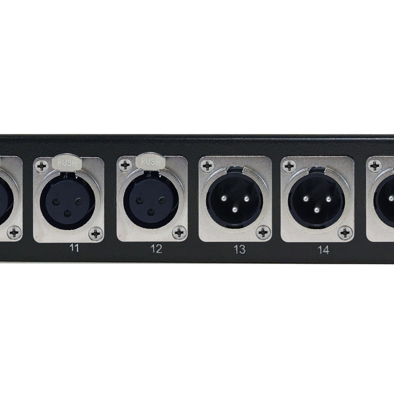 12-Port Female + 4-port XLR Male patch panel, 19 inch rackmount 1U