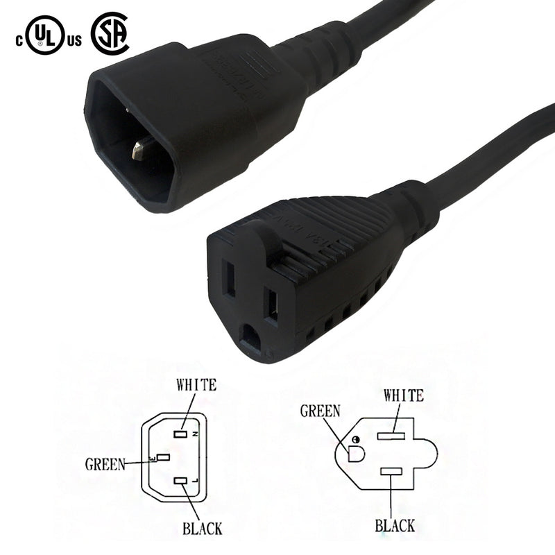 NEMA 5-15R to IEC C14 Power Cable - SJT