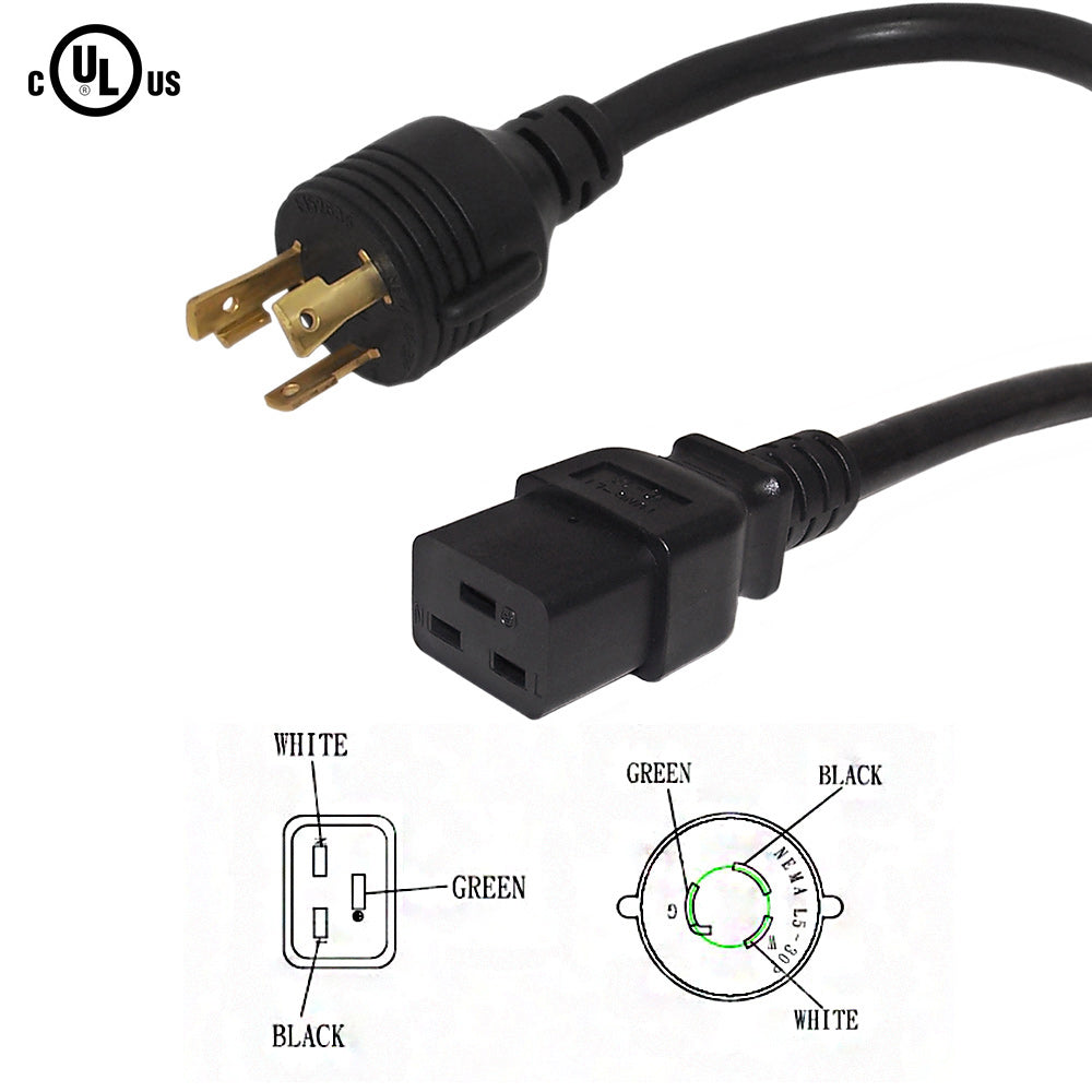 8ft NEMA L5-30P to IEC C19 Power Cable - 12AWG - SJT Jacket