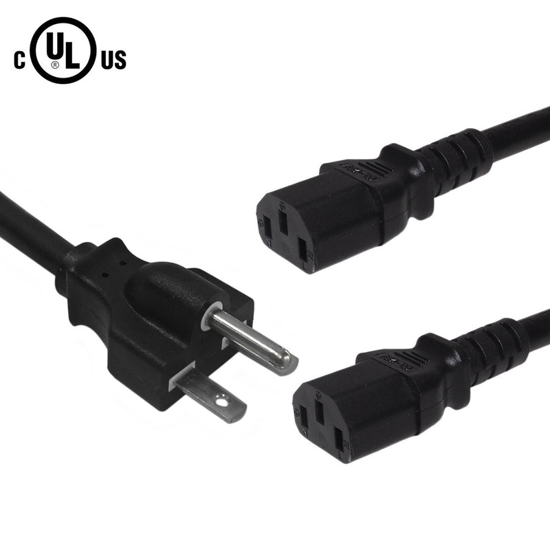 NEMA 6-15P to 2x IEC C13 Power Splitter Cable -14AWG SJT - Black