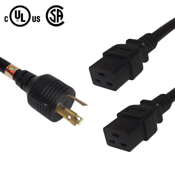 NEMA L6-30P to 2x IEC C19 Power Splitter Cable 10AWG/12AWG SJT - Black