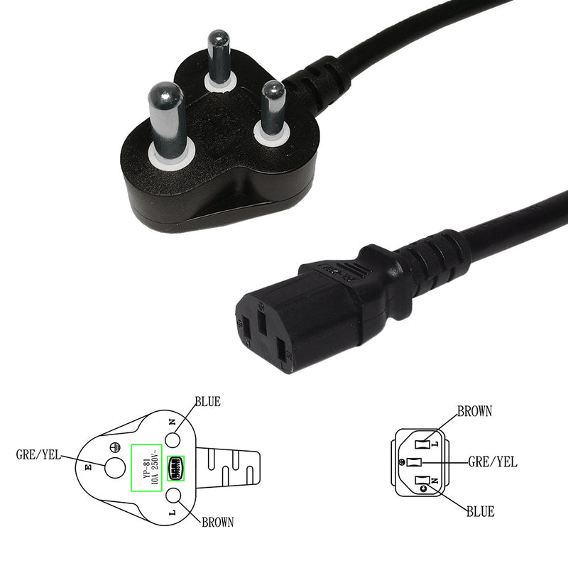 BS546 India to IEC C13 Power Cord