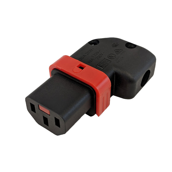 C13 Locking Power Cord Connector Screw On - Right or Left Angle IEC-Lock Part #: PA130100RBK