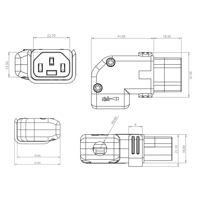 C13 Locking Power Cord Connector Screw On - Right or Left Angle IEC-Lock Part