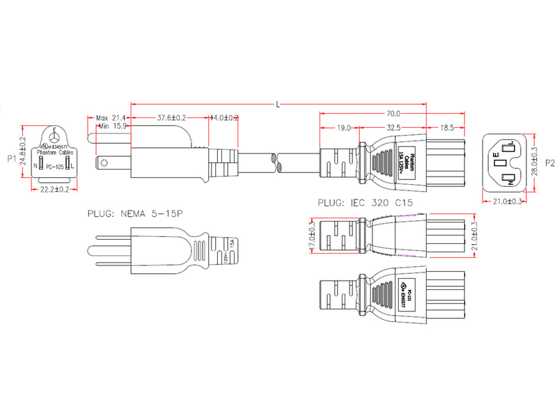 NEMA 5-15R to IEC C14 Power Cable - SJT