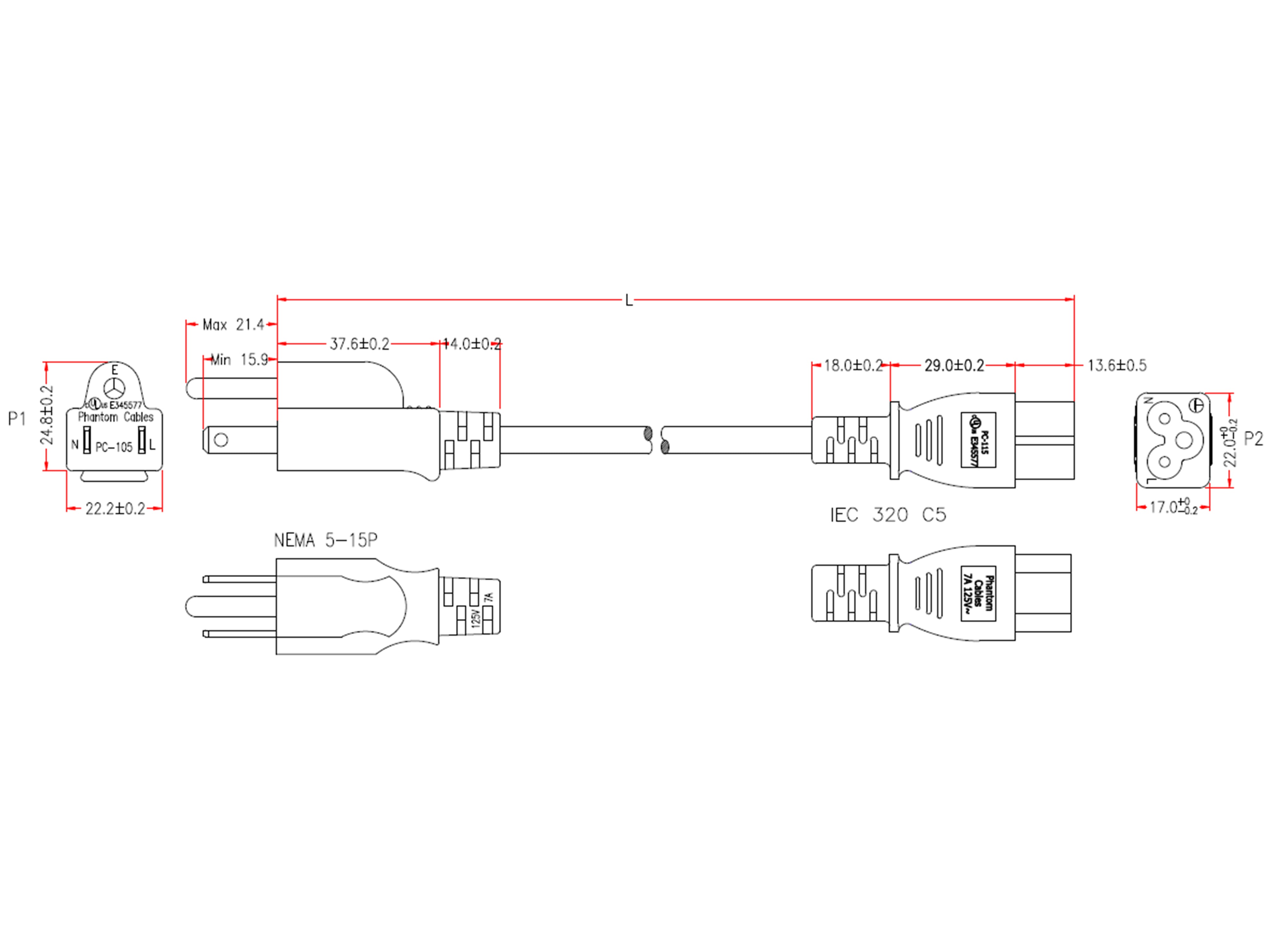 5-15P to C5 (Three Prong) Power Cable - SJT Jacket