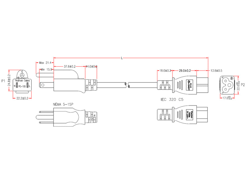 5-15P to C5 Three Prong Power Cable - SJT