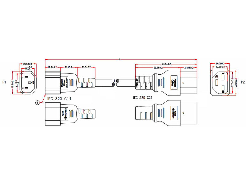 C14 to IEC C21 Power Cable - SJT