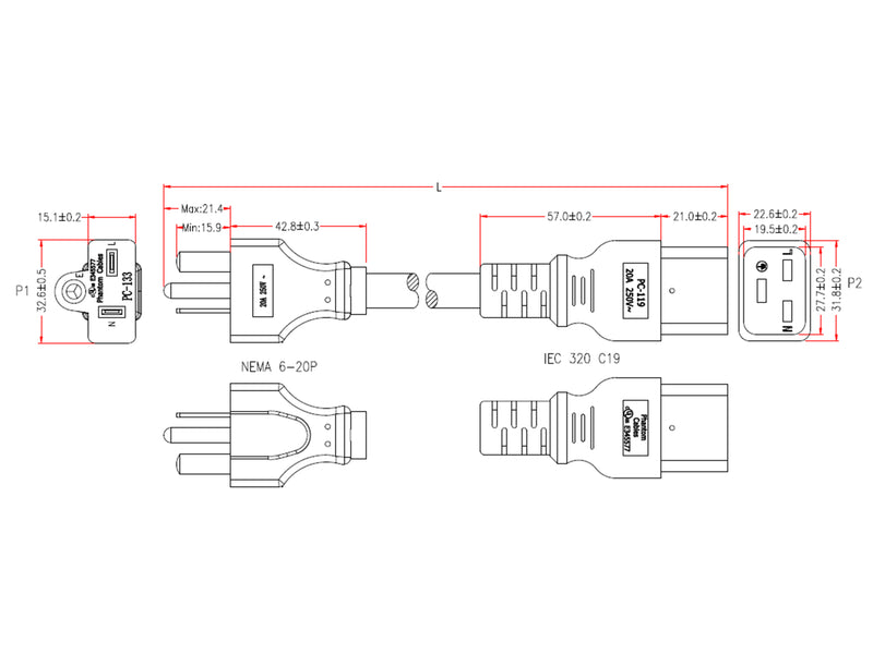 NEMA 6-20P to IEC C19 Power Cable - SJT