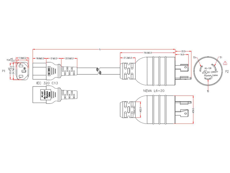 NEMA L6-20P to IEC C13 Power Cable - 14AWG (15A 250V) - SJT Jacket