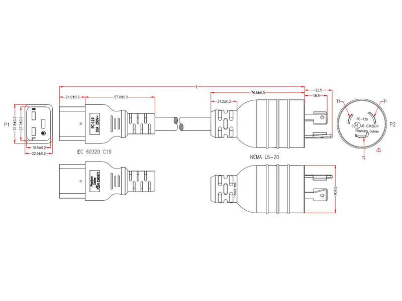 NEMA L6-20P to IEC C19 Power Cable - 12AWG (20A 250V) - SJT