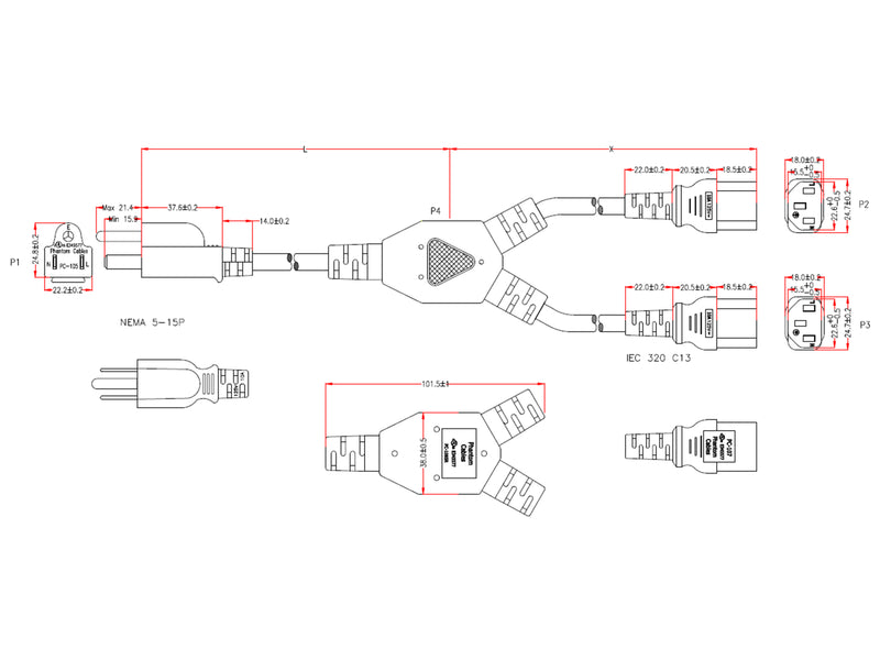 NEMA 5-15P to 2x IEC C13 Power Splitter Cable - SJT