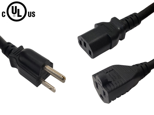 NEMA 5-15P to IEC C13 & NEMA 5-15R Power Splitter Cable - 16AWG (13A 125V) - SJT