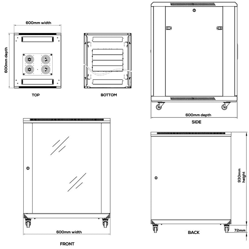 18U A/V and Networking Cabinet - Pre-Loaded with Fan Top, 3 Shelves & Blank Panels - Tapped Rails - Black