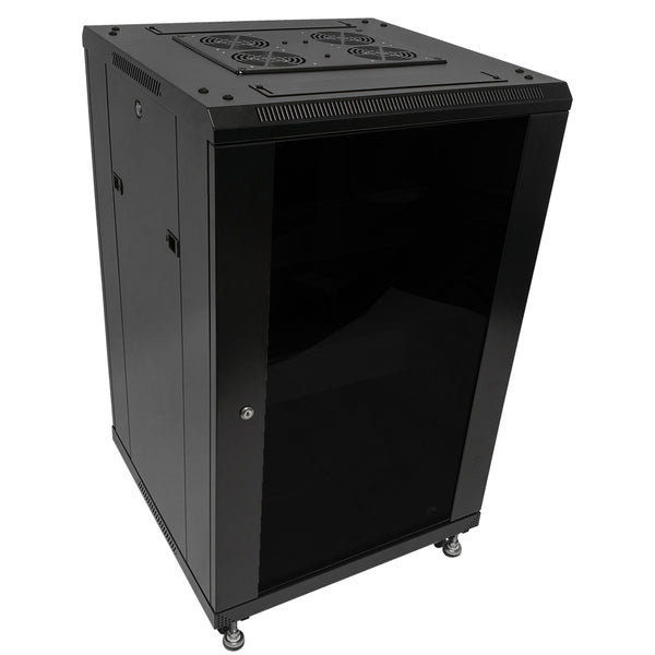 18U A/V and Networking Cabinet Pre-Loaded with Fan Top, 3 Shelves & Blank Panels Tapped Rails - Black
