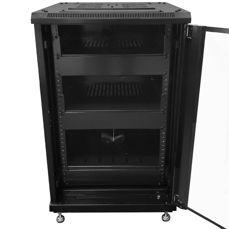 18U A/V and Networking Cabinet - Pre-Loaded with Fan Top, 3 Shelves & Blank Panels - Tapped Rails - Black