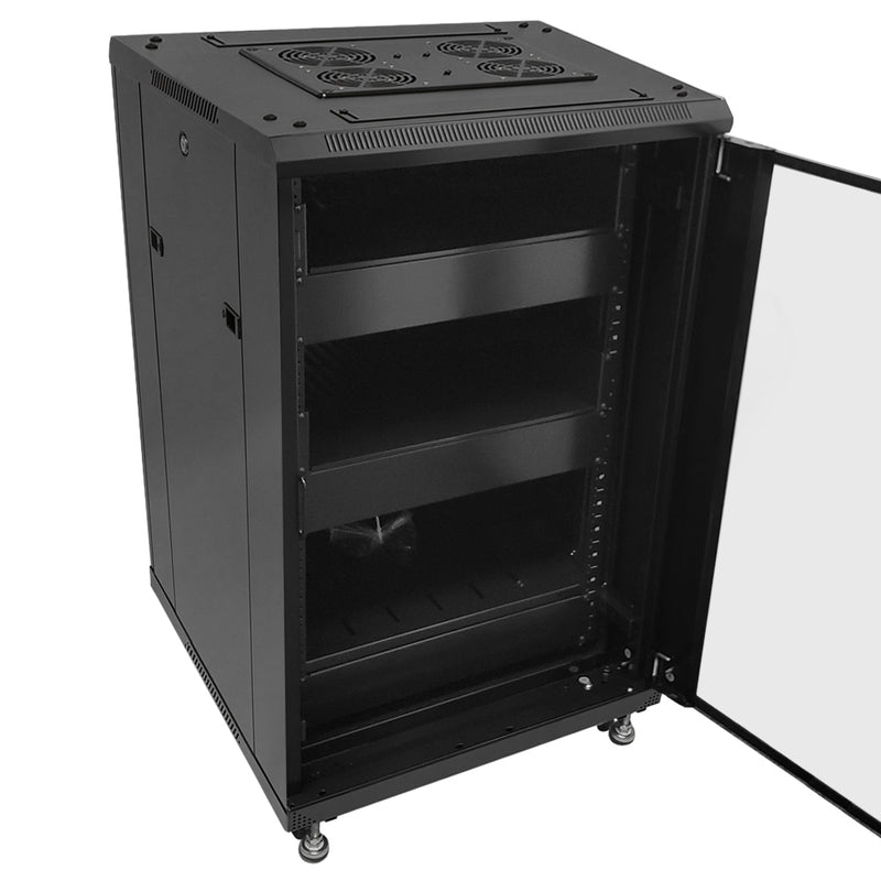 18U A/V and Networking Cabinet Pre-Loaded with Fan Top, 3 Shelves & Blank Panels Tapped Rails - Black
