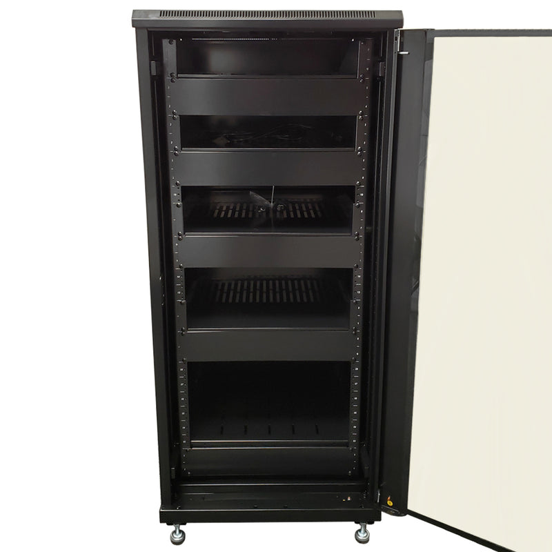 27U A/V and Networking Cabinet - Pre-Loaded with Fan Top, 5 Shelves & Blank Panels - Tapped Rails - Black