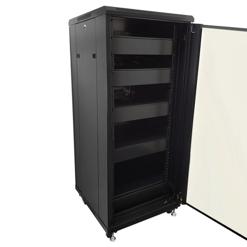 27U A/V and Networking Cabinet Pre-Loaded with Fan Top, 5 Shelves & Blank Panels Tapped Rails - Black