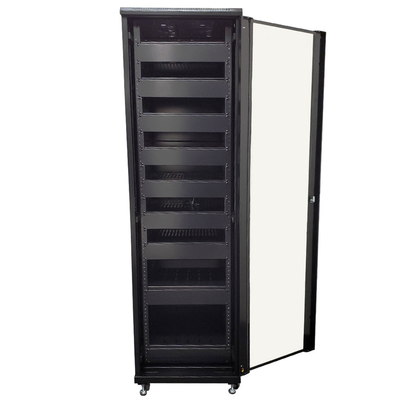 42U A/V and Networking Cabinet - Pre-Loaded with Fan Top, 9 Shelves & Blank Panels - Tapped Rails - Black