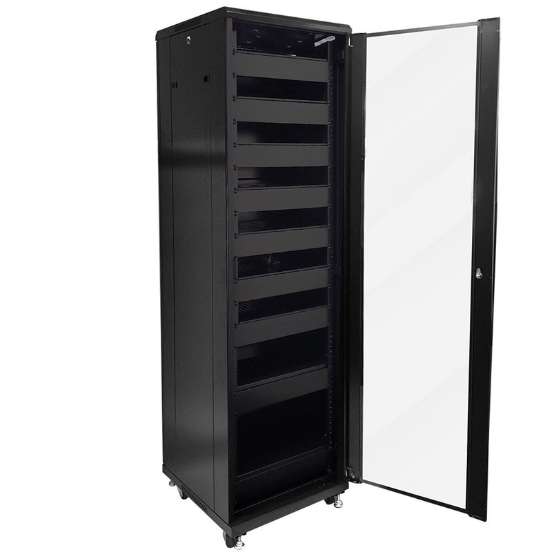 42U A/V and Networking Cabinet Pre-Loaded with Fan Top, 9 Shelves & Blank Panels Tapped Rails - Black